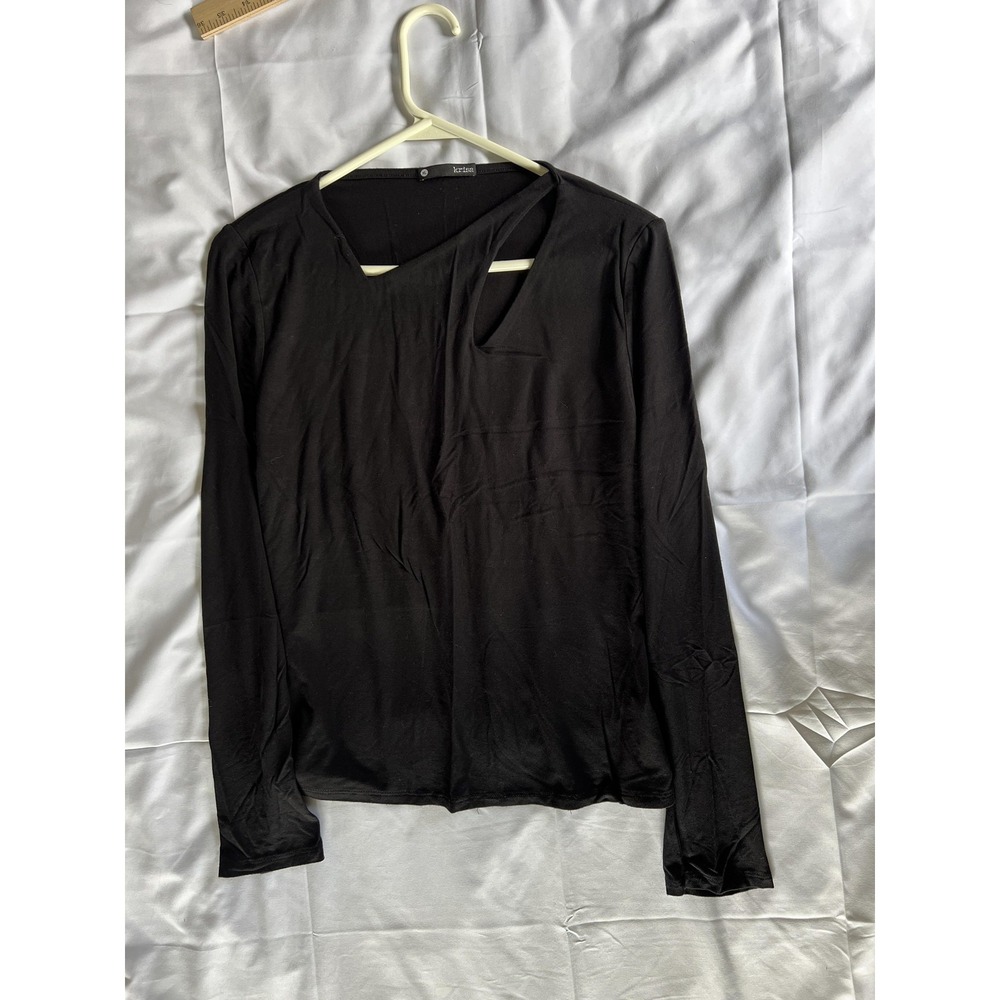 Krisa Shirt Womens XL Black Long Sleeve Cutout Asymmetrical Neck Made USA K-1951 - Picture 5 of 11